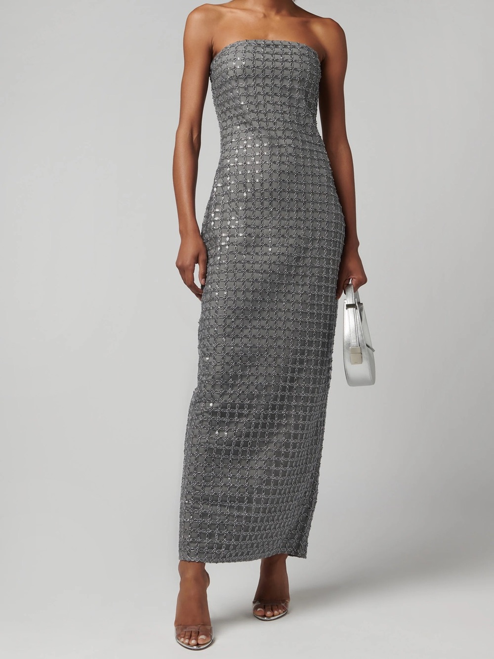 Strapless Silver Sequin Column Dress